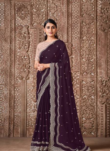 Wine Colour Latest Designer Fancy Festive Wear Embroidery Work Heavy Saree Collection 21714